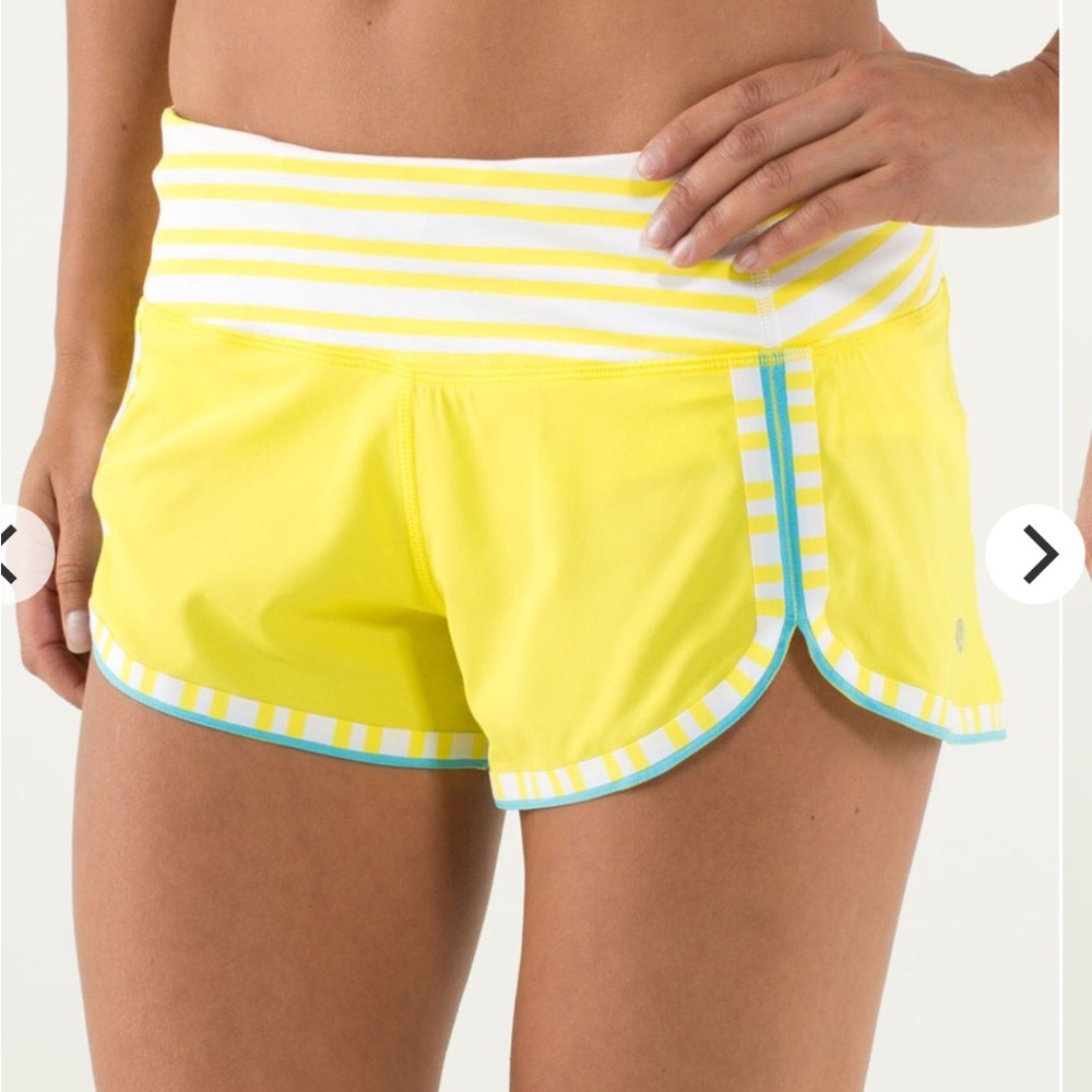 lululemon athletica Yellow Athletic Shorts with White and Aqua Stripe Trim